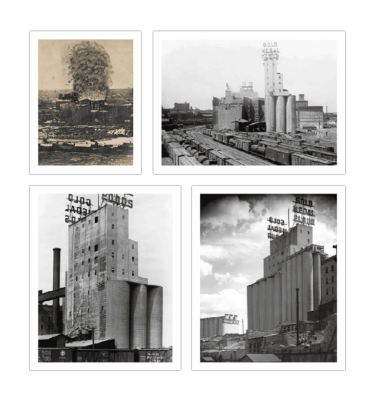 Collage of original mill destroyed by explosion and new mill built afterwards.